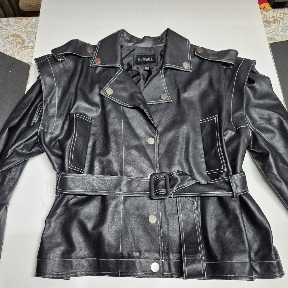 Eloquii Women's Black Leather Belted Jacket